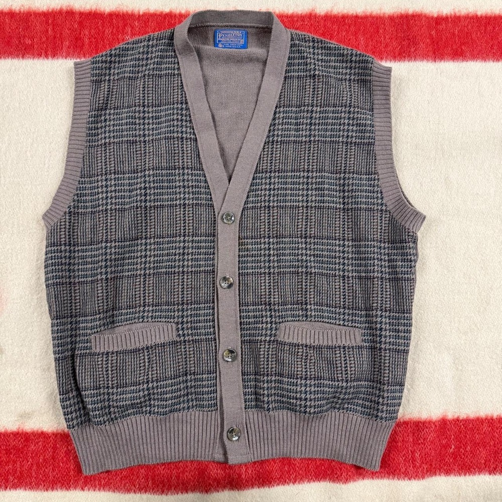 Vintage Pendleton Houndstooth Wool Cardigan Vest Mens XL Grey Brown USA Made
